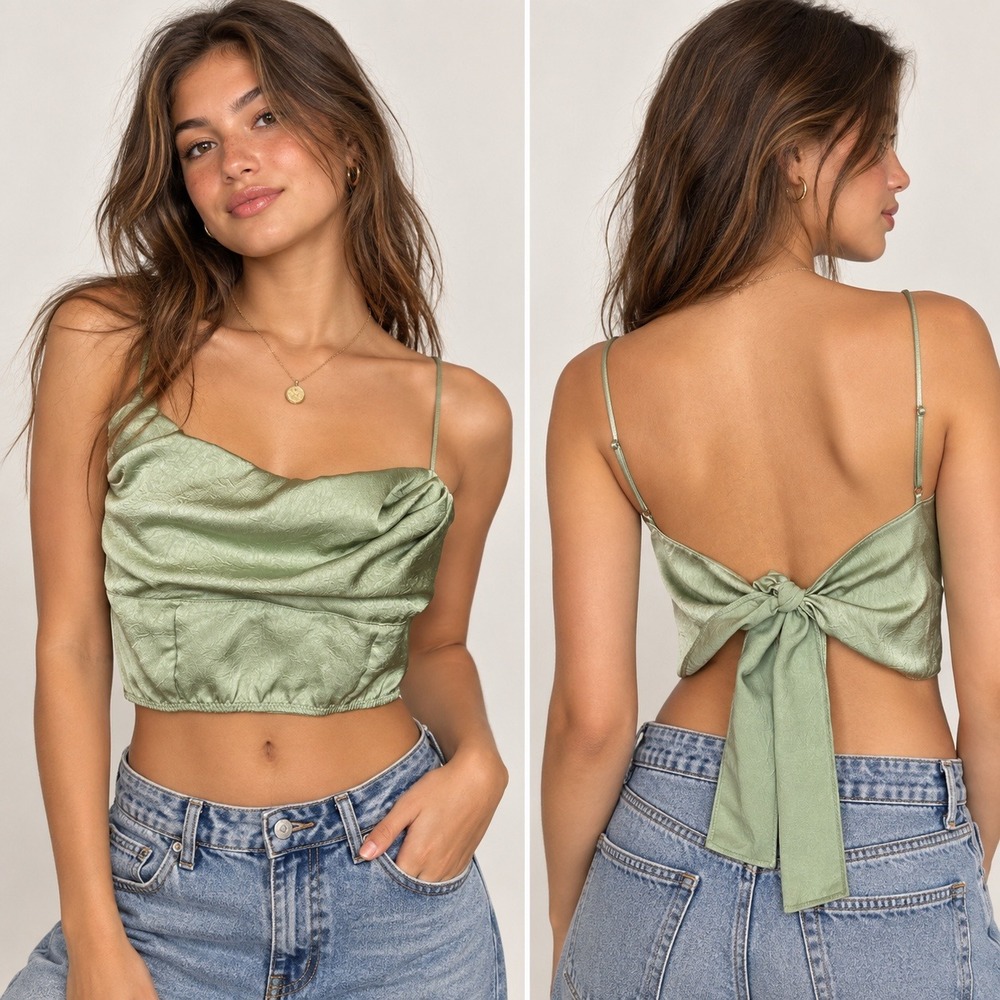 Out From Under Women Cami Tie Back Crop Top Medium Sage Green Coquette Fairycore